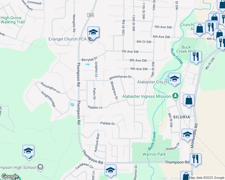 map of restaurants, bars, coffee shops, grocery stores, and more near 116 Bluegrass Drive in Alabaster