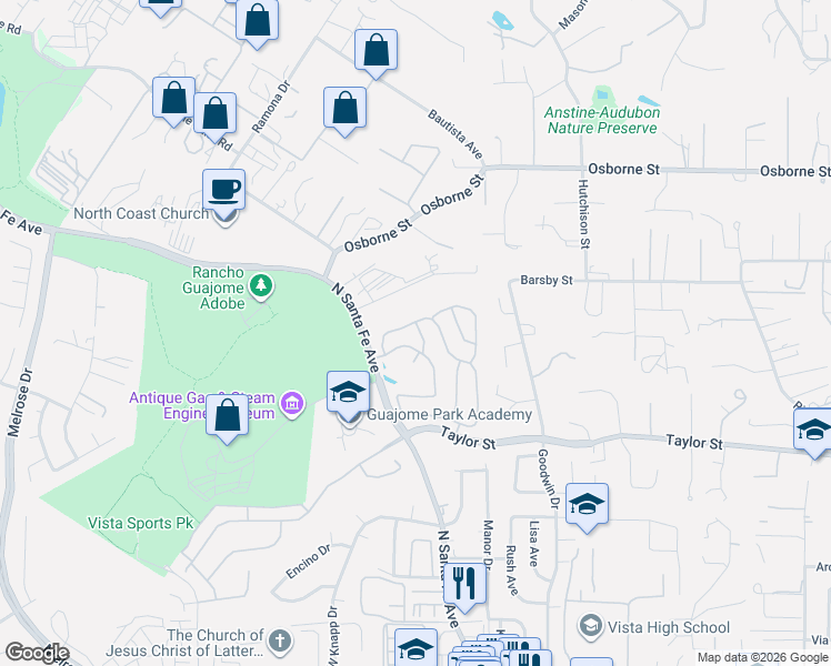 map of restaurants, bars, coffee shops, grocery stores, and more near 2030 Paseo Cresta in Vista