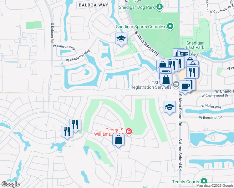 map of restaurants, bars, coffee shops, grocery stores, and more near 9964 East Emerald Drive in Sun Lakes