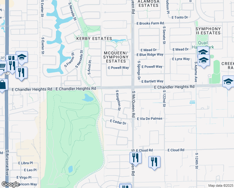map of restaurants, bars, coffee shops, grocery stores, and more near 898 East Cherrywood Place in Chandler