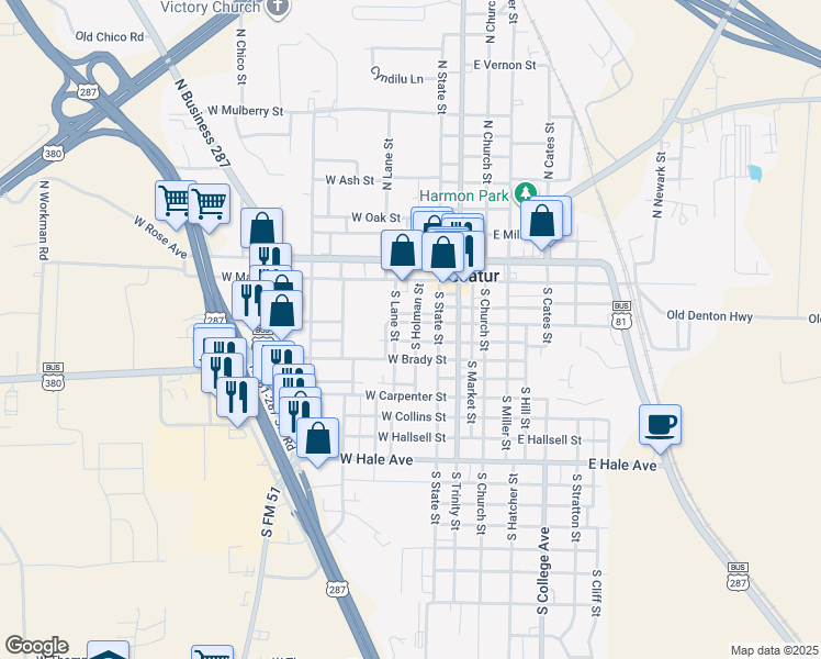 map of restaurants, bars, coffee shops, grocery stores, and more near 300 South Holman Street in Decatur