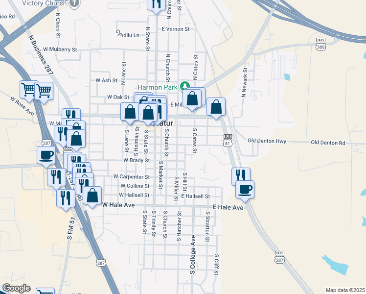 map of restaurants, bars, coffee shops, grocery stores, and more near 300 South Hill Street in Decatur