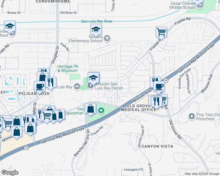 map of restaurants, bars, coffee shops, grocery stores, and more near 4120 Via Del Rey in Oceanside