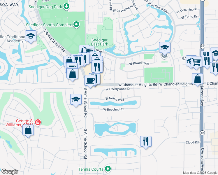 map of restaurants, bars, coffee shops, grocery stores, and more near 860 West Cherrywood Drive in Chandler