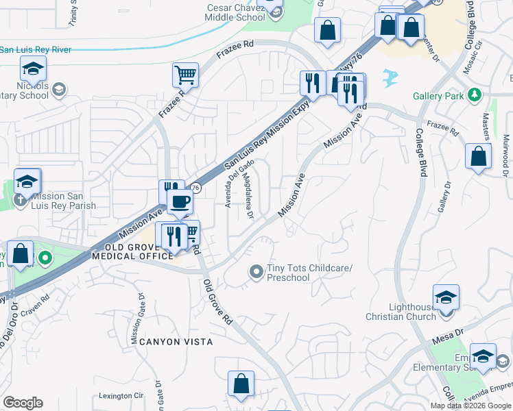map of restaurants, bars, coffee shops, grocery stores, and more near 117 Francesca Drive in Oceanside