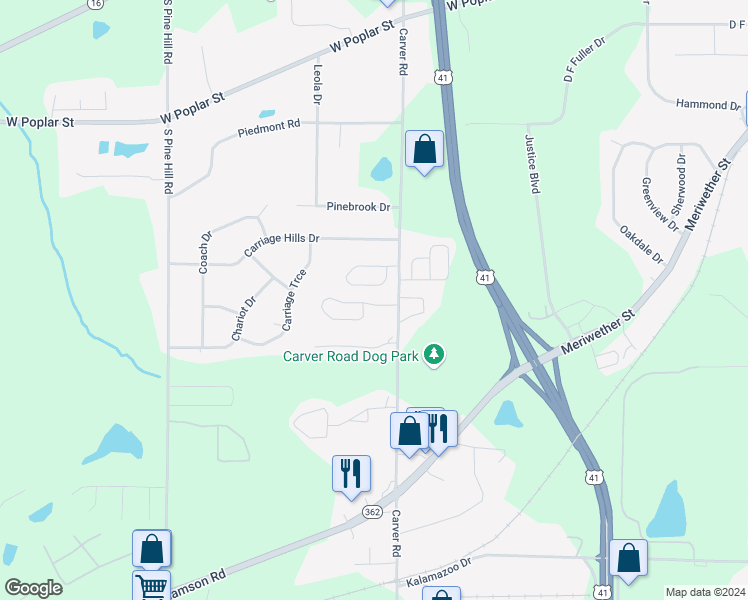 map of restaurants, bars, coffee shops, grocery stores, and more near 1601 Summerwoods Circle in Griffin