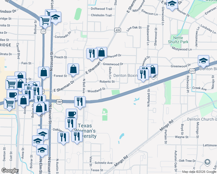 map of restaurants, bars, coffee shops, grocery stores, and more near 705 Woodland Street in Denton