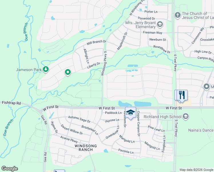 map of restaurants, bars, coffee shops, grocery stores, and more near Esperanza Drive in Prosper