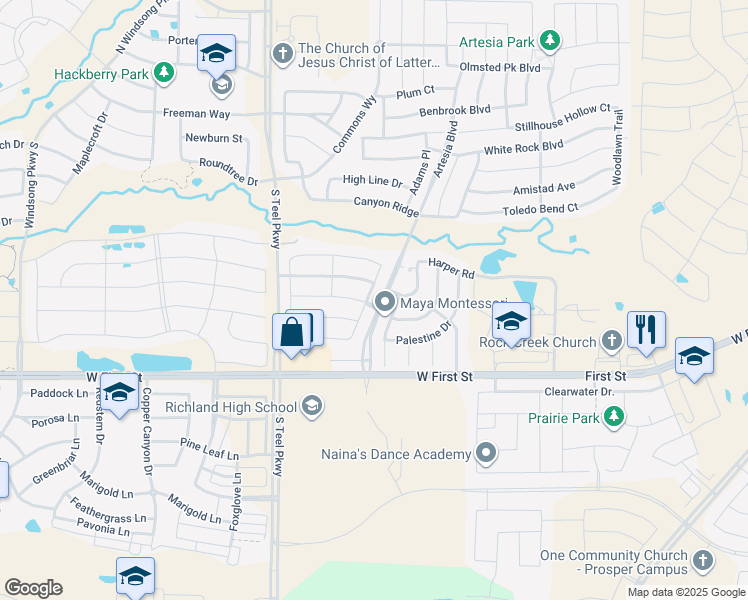 map of restaurants, bars, coffee shops, grocery stores, and more near 1400 Grapevine Ridge in Prosper