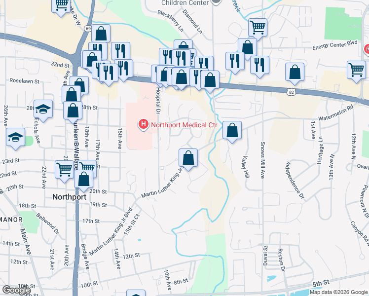 map of restaurants, bars, coffee shops, grocery stores, and more near 1021 Yellowhammer Lane in Northport