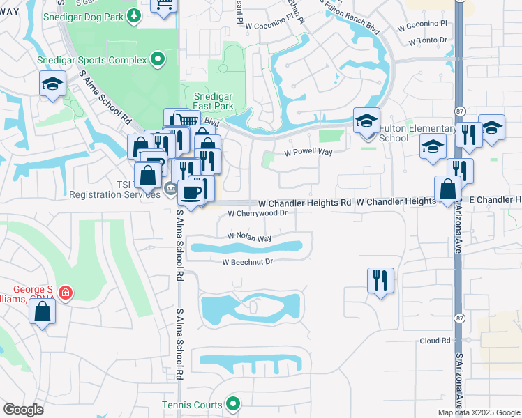 map of restaurants, bars, coffee shops, grocery stores, and more near 790 West Cherrywood Drive in Chandler