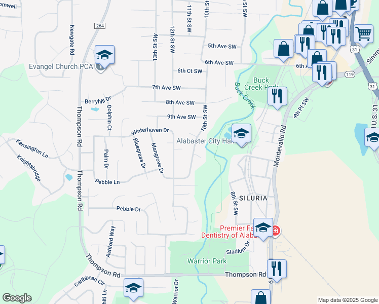 map of restaurants, bars, coffee shops, grocery stores, and more near 914 10th Street Southwest in Alabaster