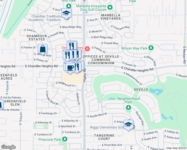 map of restaurants, bars, coffee shops, grocery stores, and more near 3271 East Meadowview Drive in Gilbert
