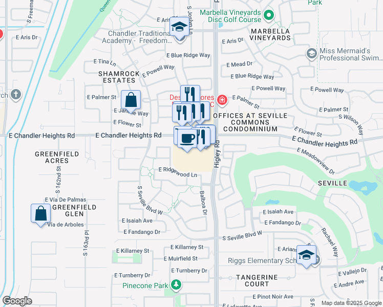 map of restaurants, bars, coffee shops, grocery stores, and more near 6440 South Higley Road in Gilbert