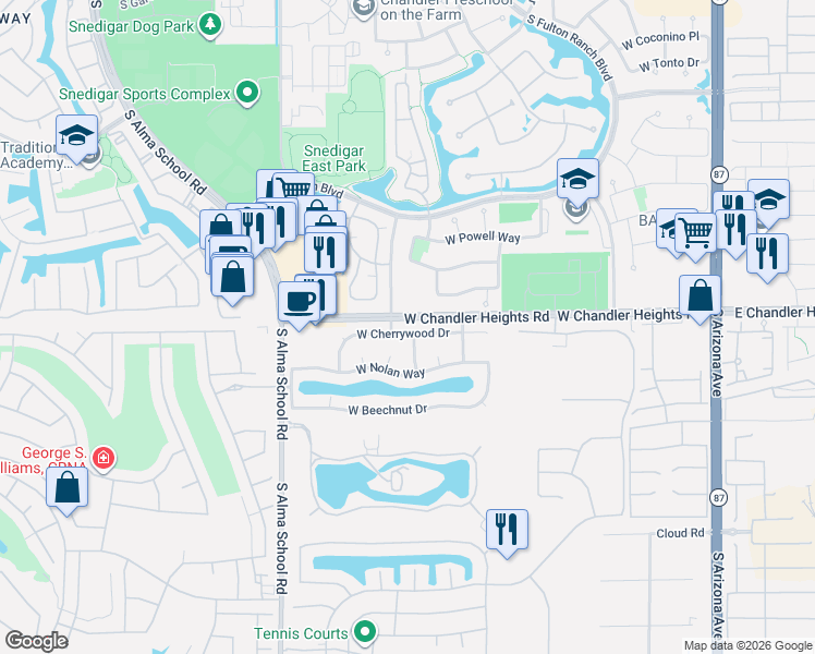 map of restaurants, bars, coffee shops, grocery stores, and more near 790 West Cherrywood Drive in Chandler