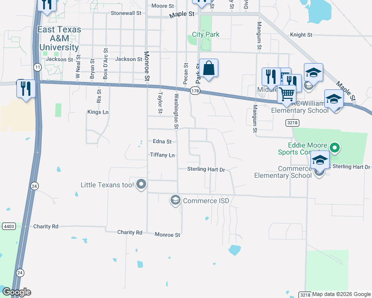map of restaurants, bars, coffee shops, grocery stores, and more near 2715 Marshall Drive in Commerce