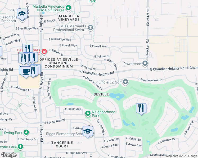 map of restaurants, bars, coffee shops, grocery stores, and more near 3644 East Morning Star Lane in Gilbert