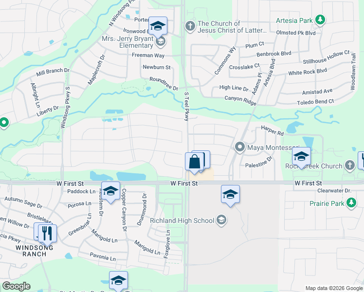 map of restaurants, bars, coffee shops, grocery stores, and more near 3721 Dewberry Lane in Prosper