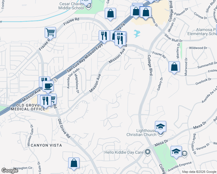 map of restaurants, bars, coffee shops, grocery stores, and more near 370 La Soledad Way in Oceanside