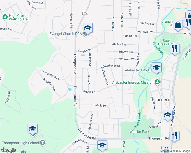 map of restaurants, bars, coffee shops, grocery stores, and more near 112 Coral Circle in Alabaster
