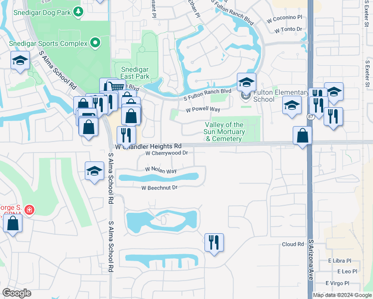 map of restaurants, bars, coffee shops, grocery stores, and more near 720 West Cherrywood Drive in Chandler