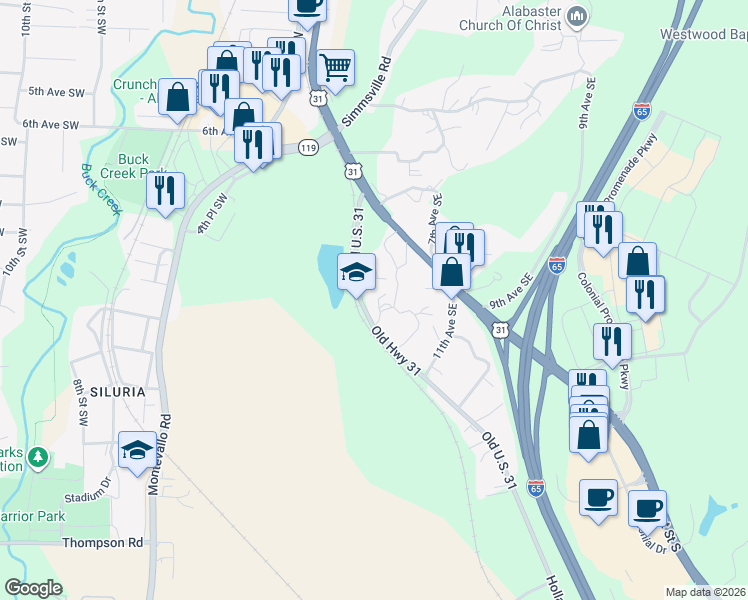 map of restaurants, bars, coffee shops, grocery stores, and more near 39 10th Avenue Southeast in Alabaster