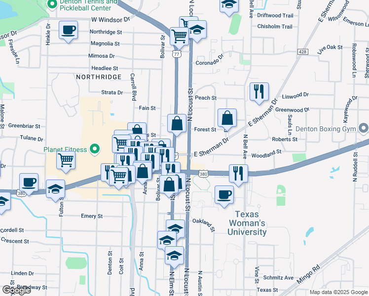 map of restaurants, bars, coffee shops, grocery stores, and more near 2009 North Locust Street in Denton
