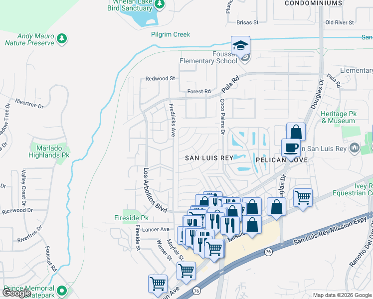 map of restaurants, bars, coffee shops, grocery stores, and more near Alcala Drive in Oceanside