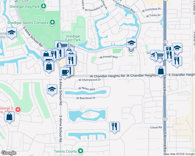 map of restaurants, bars, coffee shops, grocery stores, and more near 740 West Cherrywood Drive in Chandler