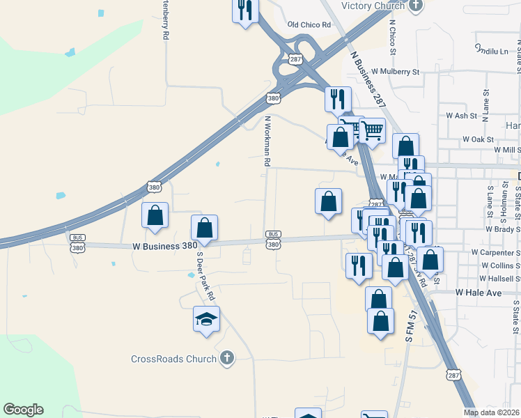 map of restaurants, bars, coffee shops, grocery stores, and more near 302 South Workman Road in Decatur