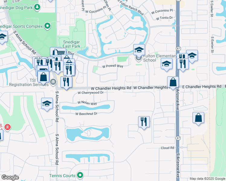 map of restaurants, bars, coffee shops, grocery stores, and more near 660 West Cherrywood Drive in Chandler