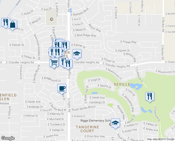 map of restaurants, bars, coffee shops, grocery stores, and more near 3365 East Meadowview Court in Gilbert