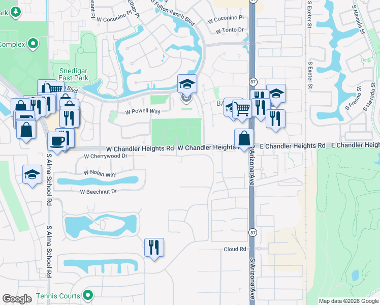 map of restaurants, bars, coffee shops, grocery stores, and more near 400 West Cherrywood Drive in Chandler