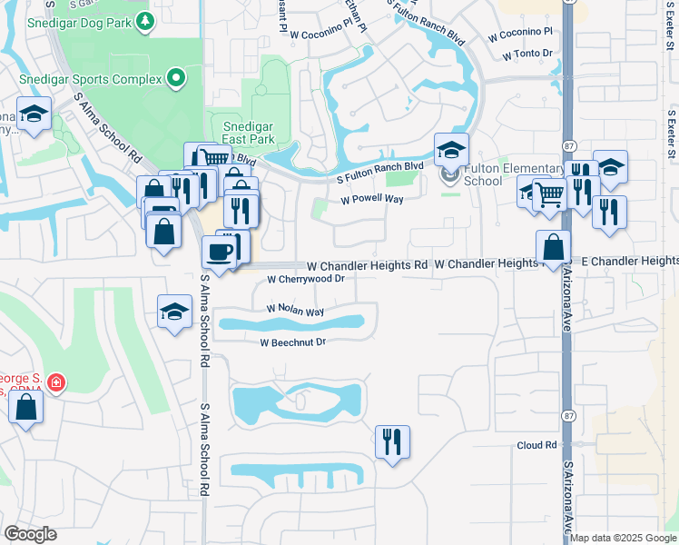 map of restaurants, bars, coffee shops, grocery stores, and more near 740 West Cherrywood Drive in Chandler