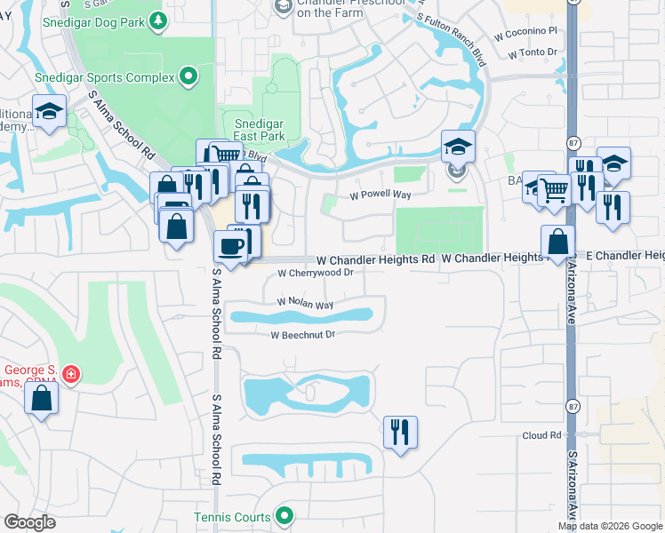 map of restaurants, bars, coffee shops, grocery stores, and more near 790 West Cherrywood Drive in Chandler
