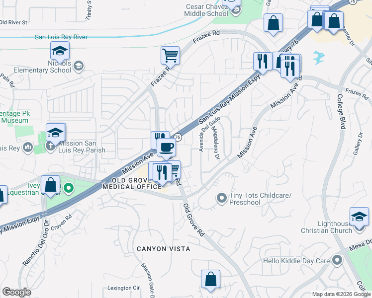 map of restaurants, bars, coffee shops, grocery stores, and more near 4334 Avenida Soledad in Oceanside