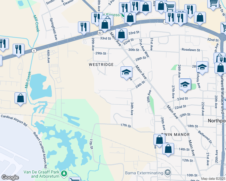 map of restaurants, bars, coffee shops, grocery stores, and more near 3501 24th Street in Northport