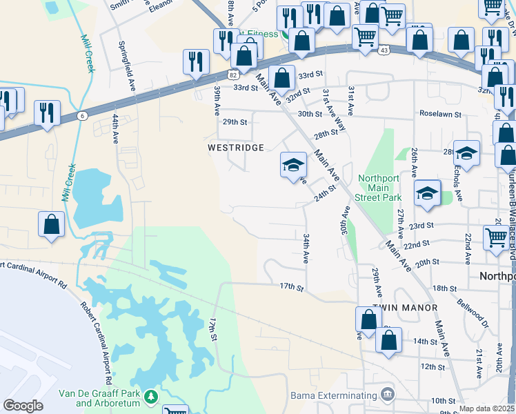 map of restaurants, bars, coffee shops, grocery stores, and more near 3501 24th Street in Northport