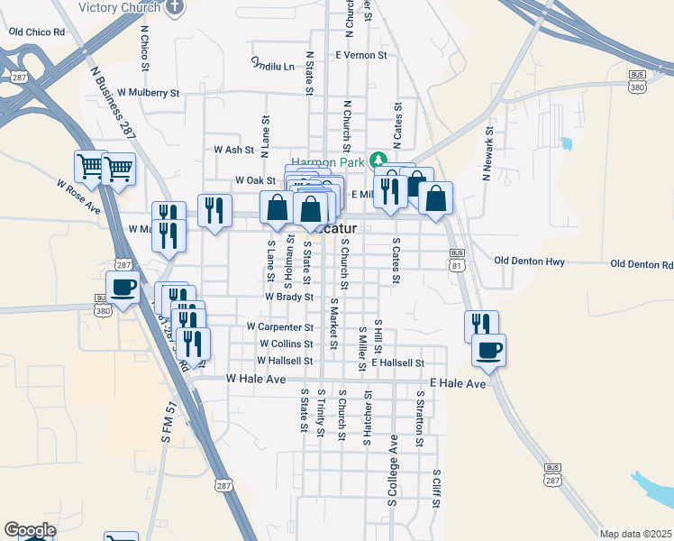 map of restaurants, bars, coffee shops, grocery stores, and more near 300 South Church Street in Decatur