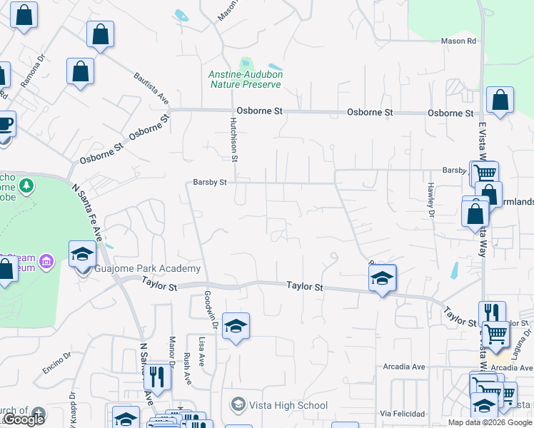 map of restaurants, bars, coffee shops, grocery stores, and more near Curtis Drive in Vista