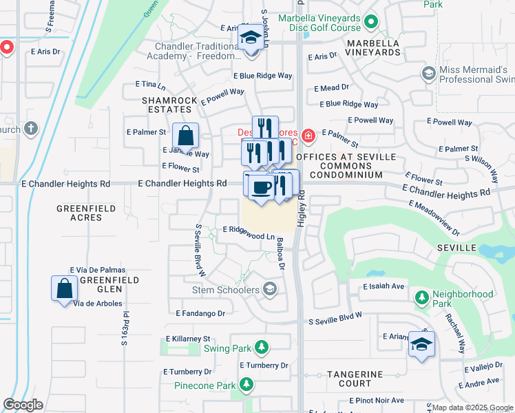 map of restaurants, bars, coffee shops, grocery stores, and more near 6470 South Higley Road in Gilbert