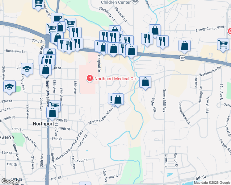 map of restaurants, bars, coffee shops, grocery stores, and more near 1021 Yellowhammer Lane in Northport
