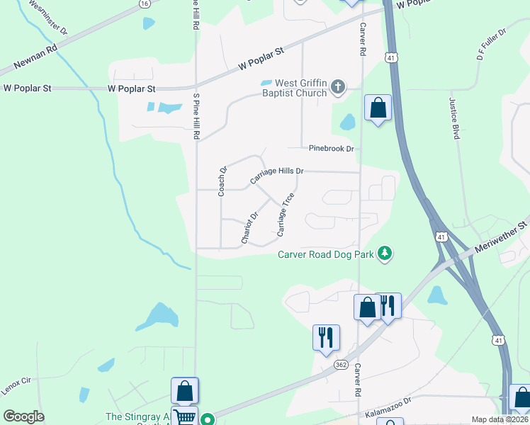 map of restaurants, bars, coffee shops, grocery stores, and more near 119 Carriage Trce in Griffin