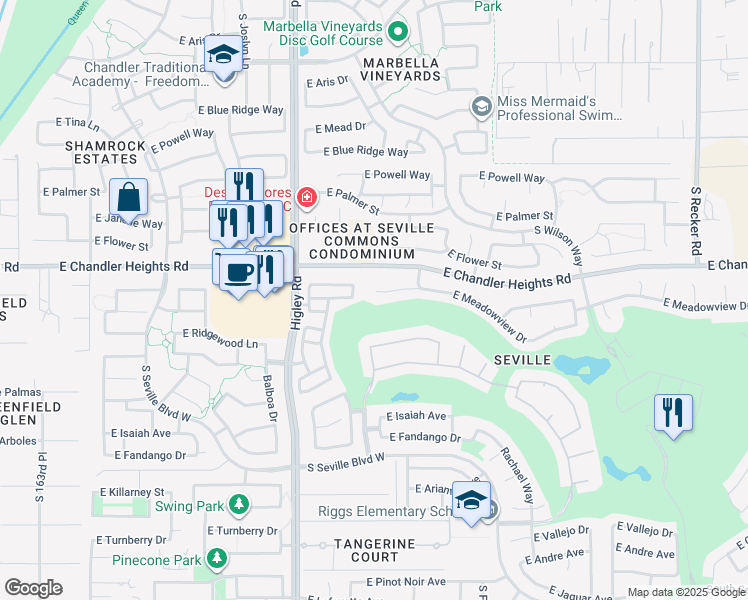 map of restaurants, bars, coffee shops, grocery stores, and more near 3365 East Meadowview Court in Gilbert