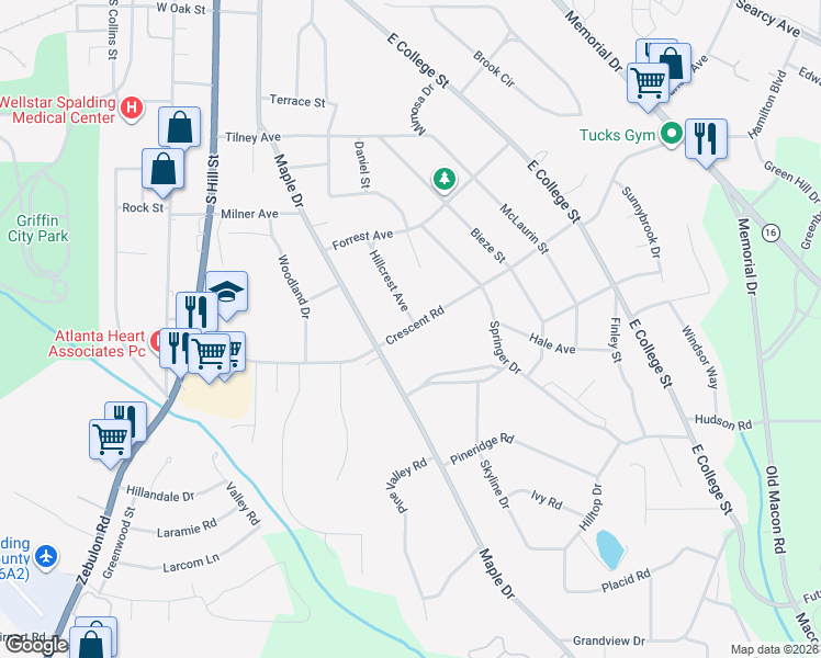 map of restaurants, bars, coffee shops, grocery stores, and more near 812 Crescent Road in Griffin