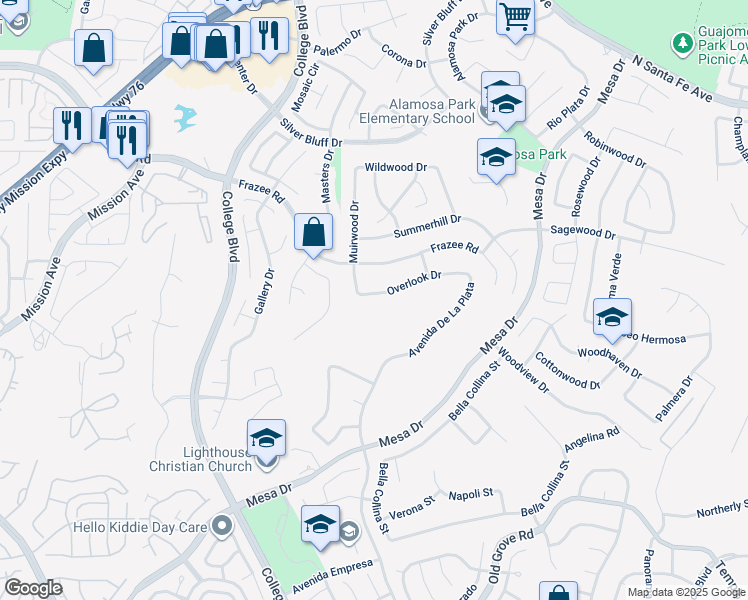 map of restaurants, bars, coffee shops, grocery stores, and more near 4925 Overlook Dr in Oceanside