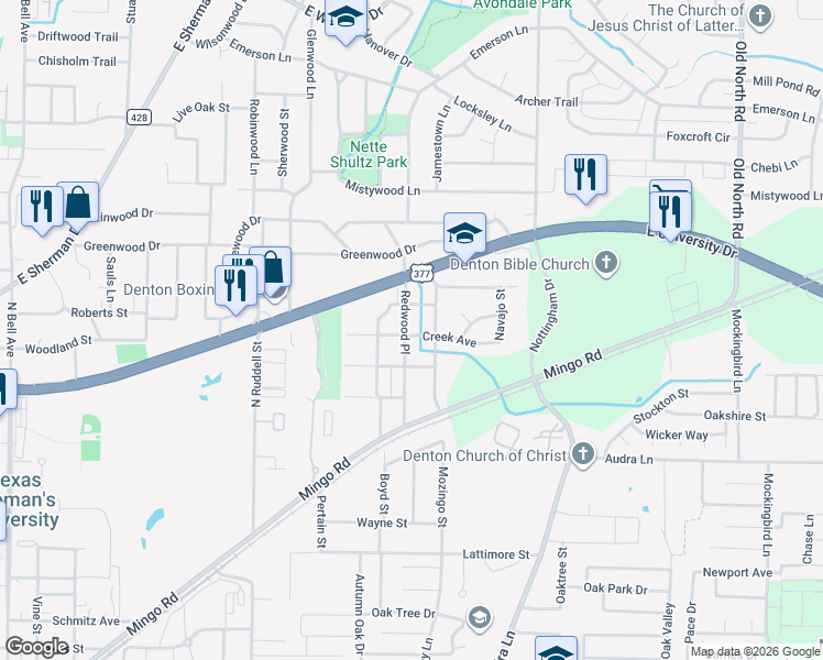 map of restaurants, bars, coffee shops, grocery stores, and more near 2000 Redwood Place in Denton