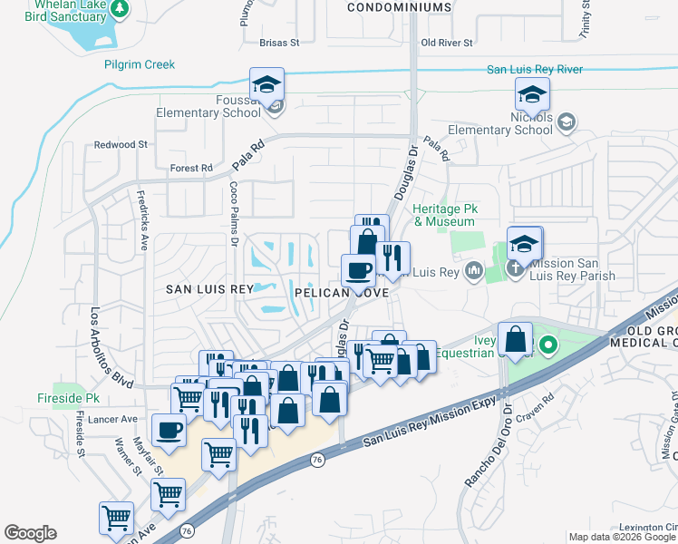 map of restaurants, bars, coffee shops, grocery stores, and more near 310 Sunset Way in Oceanside