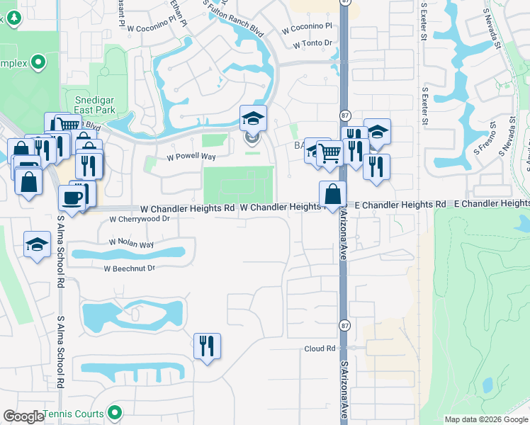 map of restaurants, bars, coffee shops, grocery stores, and more near 400 West Cherrywood Drive in Chandler