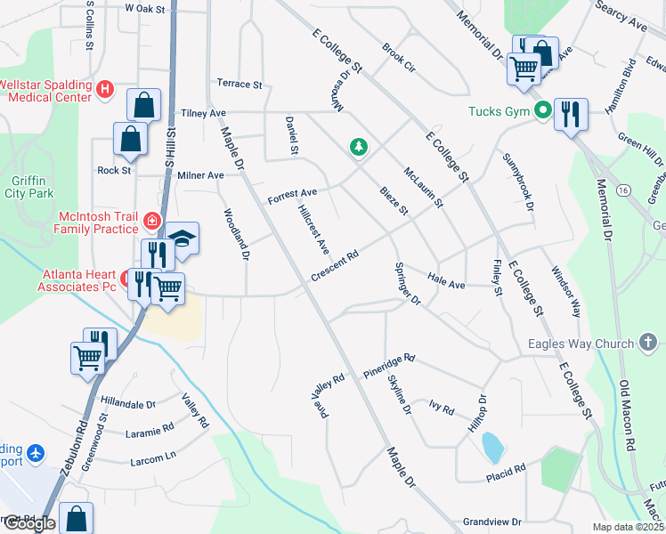 map of restaurants, bars, coffee shops, grocery stores, and more near 806 Crescent Road in Griffin